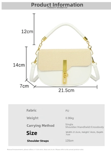 Size chart for stylish two-tone patchwork crossbody bag showing dimensions and PU material