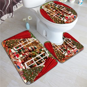 Three-piece Christmas bath mat set with snowman and tree print on non-slip fabric