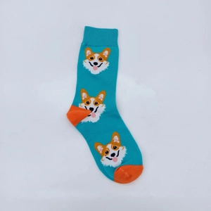 Close-up of knit crew socks with blue and orange color-block and cute Corgi pattern