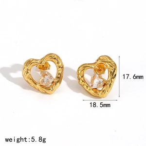 18k gold plated hammered heart stud earrings with zircon stones and dimensional measurements