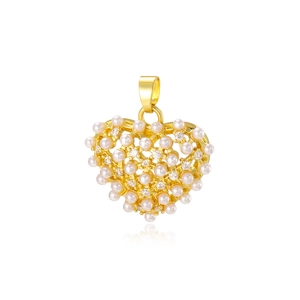 Hollow heart pendant with pearls and zircons in gold-plated metal on white background