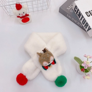 Plush Christmas scarf for kids featuring a cute reindeer and red green pom-poms