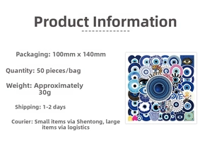 Detail showing 50 pieces of blue Evil Eye stickers with 100x140mm size specifications