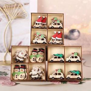 Ornements De Noël En Bois Ensemble Pendentifs Père Noël Bonhomme De Neige Voiture Décoration De Sapin Avec Boîte