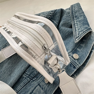 Transparent PVC crossbody bag with white trim and silver zipper on denim background