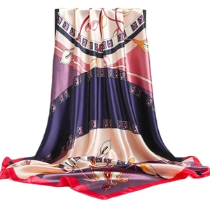 Floral satin silk square scarf with purple and gold geometric patterns for women