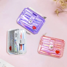 Multiple views of holographic heart mini wallets showing card slots and zipper pocket