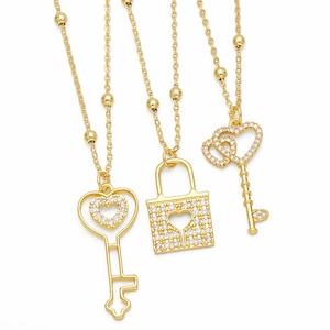 Heart Lock And Key Pendant Necklace Gold Plated Copper Micro Paved Zircon Minimalist Jewelry For Women Elegant Light Luxury