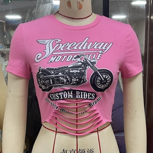 Detail of pink crop top with vintage motorcycle print and distressed fringe hemline