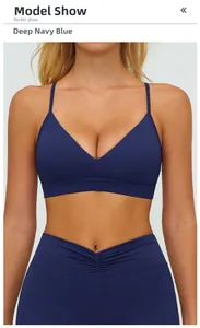 Détail du soutien-gorge de sport col V bleu marine et legging taille haute sur mannequin