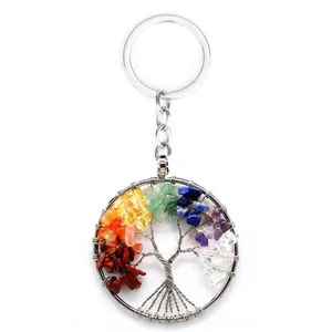 Handmade Tree Of Life Keychain Natural Crystal Stones Copper Wire Wrapped Round Heart Pendant Bag Charm Chakra Key Ring Jewelry