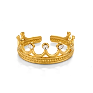 Bague couronne dorée ajustable avec zircons blancs pour femme au style minimaliste