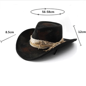 Retro wool cowboy hat detail with 56-58cm head circumference and 8.5cm wide brim