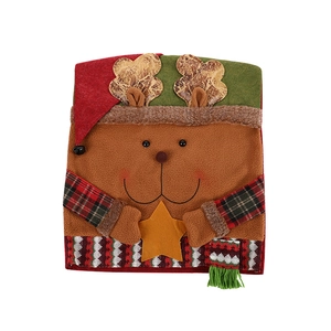 Christmas chair cover featuring a cute reindeer design with red hat and green fringe
