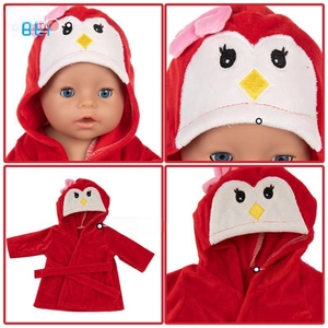 Detail of red penguin plush bathrobe for 18 inch dolls with cute hood and soft belt