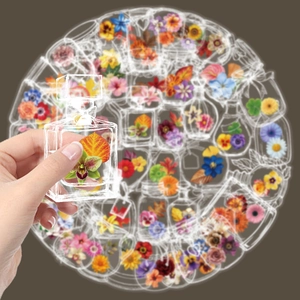 50pcs waterproof clear floral stickers featuring vibrant flowers in transparent bottles