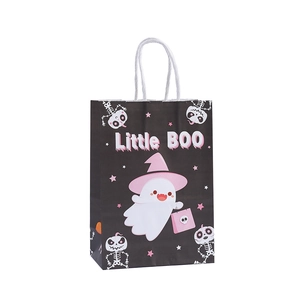 Halloween black kraft paper gift bag with cute pink ghost pattern and Little BOO text