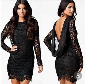 Robe Courte Sexy Dentelle Dos Nu Femme Manche Longue Ajustée Élégante Soirée Streetwear