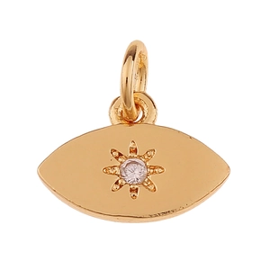 Golden eye pendant with starburst motif and zircon inlay on white background