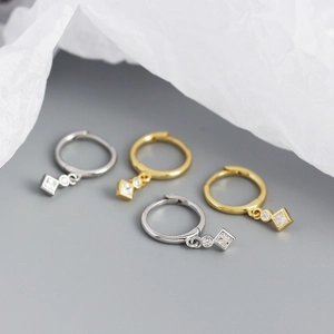 S925 sterling silver huggie hoop earrings with square cubic zirconia pendants in gold and silver