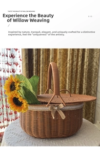 Detail of hand-woven wicker picnic basket with white lace trim and linen bow decoration