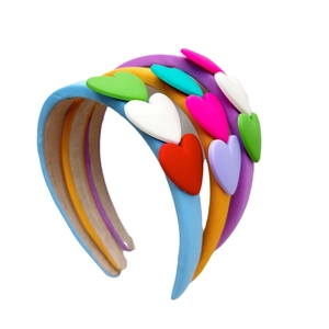 Colorful sponge headbands for kids with 3D heart decorations in blue yellow and purple