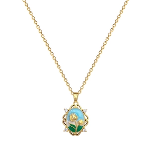 Titanium steel gold necklace with tulip enamel pendant and shimmering crystals