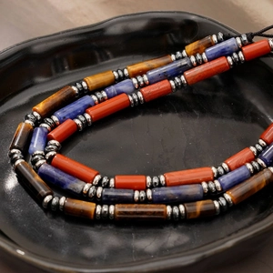 Men's necklace with tiger eye, blue sodalite, and red jasper cylindrical stone beads