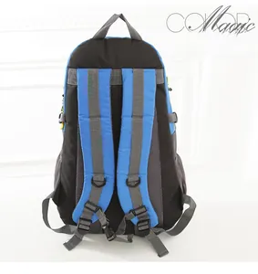 Detailed back view of a blue and black hiking backpack with breathable mesh shoulder straps