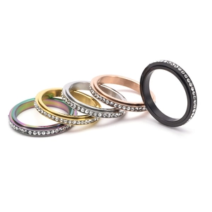 Detail view of five assorted spinner rings in gold, silver, rose gold, black and rainbow