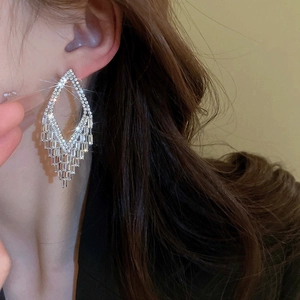 Close-up of model wearing long silver tassel earrings with sparkling cubic zirconia stones
