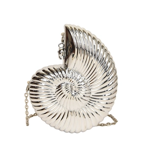 Close-up of silver shell-shaped evening bag with spiral texture and metal chain