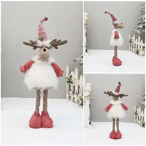Three-sided view of a pink telescopic reindeer plush doll for Christmas decoration