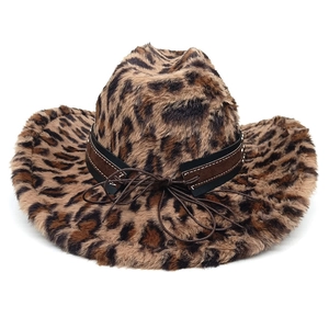 Detail of leopard print faux fur cowboy hat with brown leather band and bow decoration