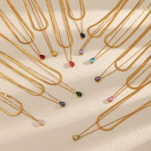 Golden double-layer necklace with snake chain and colorful teardrop zircon pendants