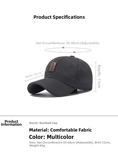 Detailed size chart of dark grey breathable mesh baseball cap with leather logo patch