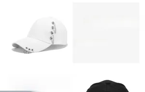 Close-up of white cotton punk baseball cap featuring silver metal ring and chain accents