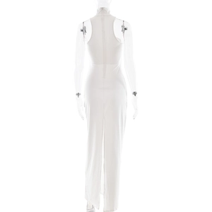 Detail view of white high neck sleeveless jumpsuit with a back invisible zipper closure