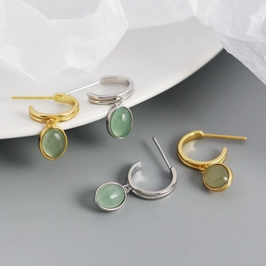 Elegant S925 silver C-shape earrings with green aventurine oval pendants in gold and silver