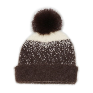 Detail of winter knit beanie with soft faux fur pompom and warm textured dual-tone pattern