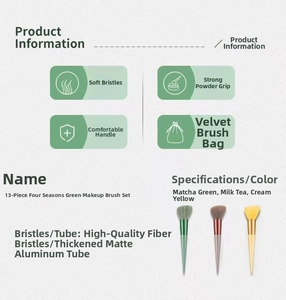 Close-up of 13-piece makeup brush set with soft fiber bristles and matte aluminum tubes