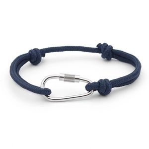 Detail of dark blue RPET braided rope bracelet with a silver metal carabiner clasp