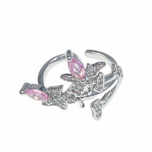 Pink heart star adjustable open ring in silver finish with sparkling zircon stones