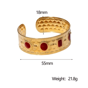 Detailed size chart of 18K gold plated wide cuff bracelet with red enamel stones