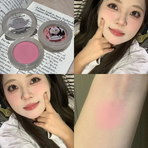 Matte peach pink blush powder with cute cat packaging and vibrant makeup results