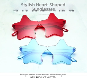 Close-up of star-shaped rimless sunglasses in vibrant red and blue tinted lenses