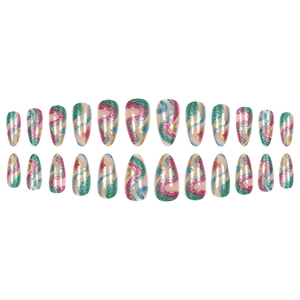 Long almond press-on nails with colorful glitter ribbons and wavy lines on nude base