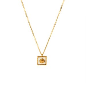 18k gold plated stainless steel chain necklace with square rose shell pendant on white background