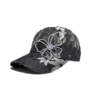 Elegant black lace baseball cap for women with large rhinestone butterfly embellishment