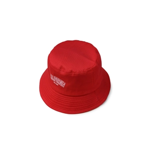 Detail showing red cotton bucket hat with white California and West Coast embroidery